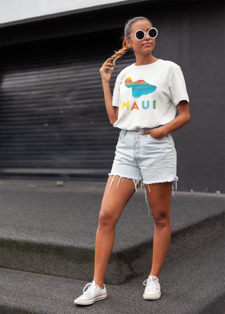Mahaloste™ MAUI Rainbow Island White Unisex T-Shirt on Female Model outside