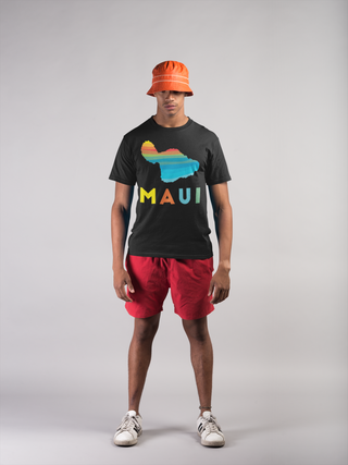 Male model wearing a black Mahaloste™ MAUI Rainbow T-Shirt