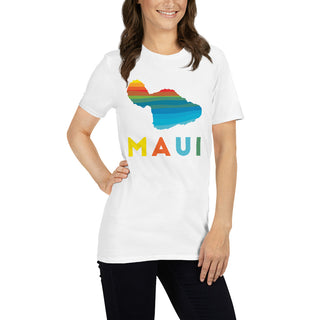 Mahaloste™ MAUI Rainbow Island White Unisex T-Shirt on Female Model