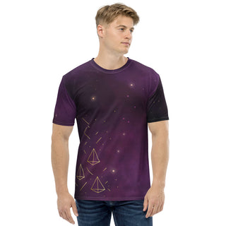 Model wearing a purple night sky t-shirt with 3 gold tetrahedrons