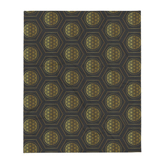 RUBY8WEAVER® Sweet Life 50x60 Throw Blanket with a gold hexagonal Flower of Life pattern on a dark background