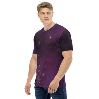 Model showing the left side of a purple night sky t-shirt with 3 gold tetrahedrons