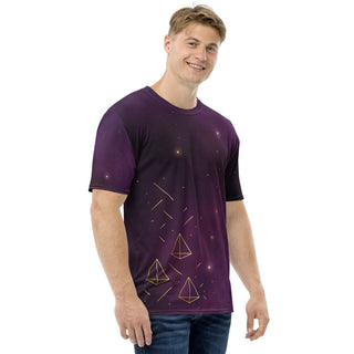Model showing the right side of a purple night sky t-shirt with 3 gold tetrahedrons