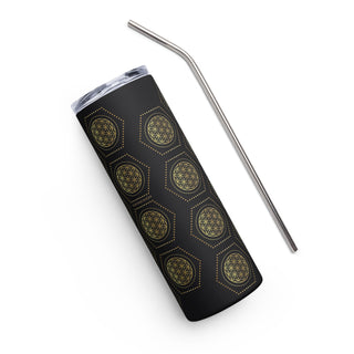 RUBY8WEAVER® Gold Hexagons with Flower of Life design on a Stainless Steel Tumbler with Reusable Straw