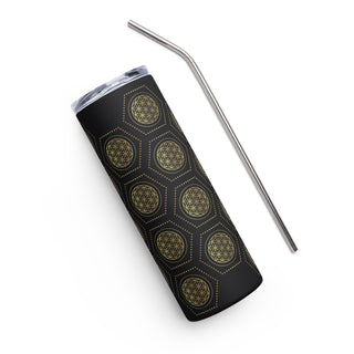RUBY8WEAVER® Gold Hexagons with Flower of Life design on a Stainless Steel Tumbler with Reusable Straw